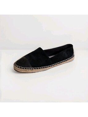Tory Burch Espadrille Flats Shoes Women 8M Black Suede Leather Cap Toe Double T
